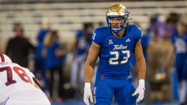 Tulsa Golden Hurricane linebacker Zaven Collins (23) gets ready for a play during the game against the Southern Methodist Mustangs at Skelly Field at H.A. Chapman Stadium. Tulsa won 28-24.